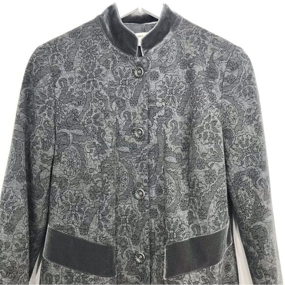 Coldwater Creek Gray Floral Pattern Velvet Trim Long Statement Blazer Jacket - Picture 3 of 16